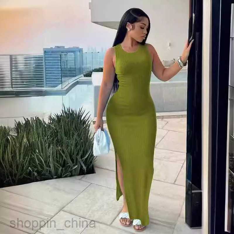 Basic Casual Women Dresses Women's Commuter Style Long Skirt Sleeveless Round Neck Waist Split Dress