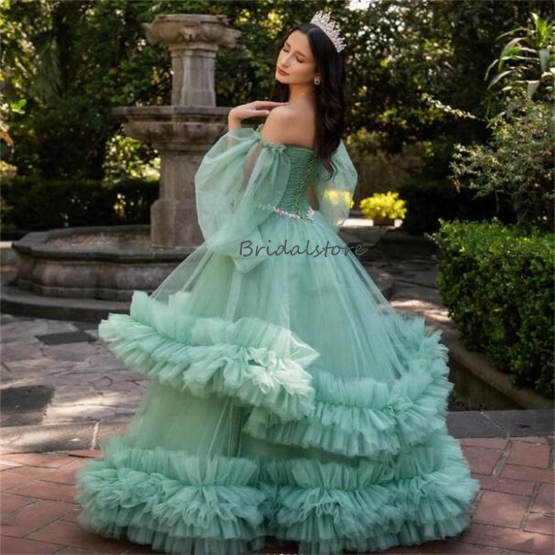 Fariytale Green Quinceanera Dresses 2024 Off Shoulders A Line Beaded Ruffles Prom Dress Fifteen Birthday Dress Floor Length Tulle Vestio De Xv15 Anos 