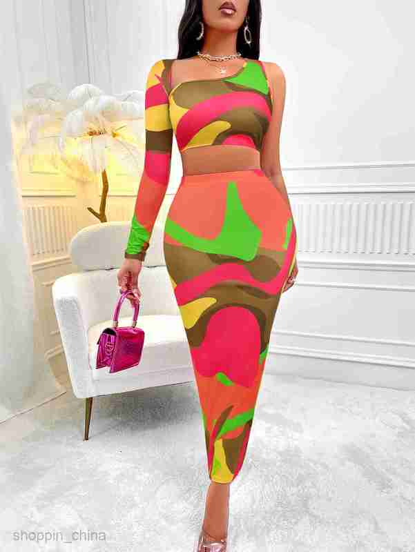 Two Piece Dress Sets New Autumn/Winter Women's Sexy Printed Asymmetric One Shoulder Set Skirt for Women