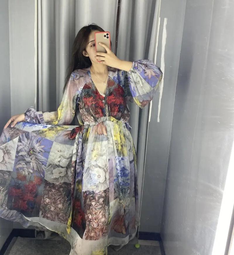 Casual Dresses Printed V Neck Loose Long Sleeved Dress Temperament Fashionable For A Holiday