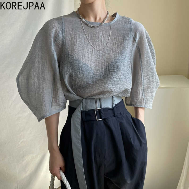 Korejpaa Women Shirt Summer Korean Round Neck Pullover Loose Casual Micro-Permeable Pleated Five-Point Puff Sleeve Blouses 210526