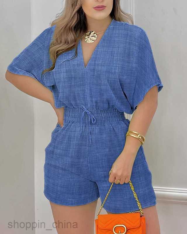 Women's Tracksuits Summer New Women's Short Sleeve V-Neck Lace Up jumpsuit Sets