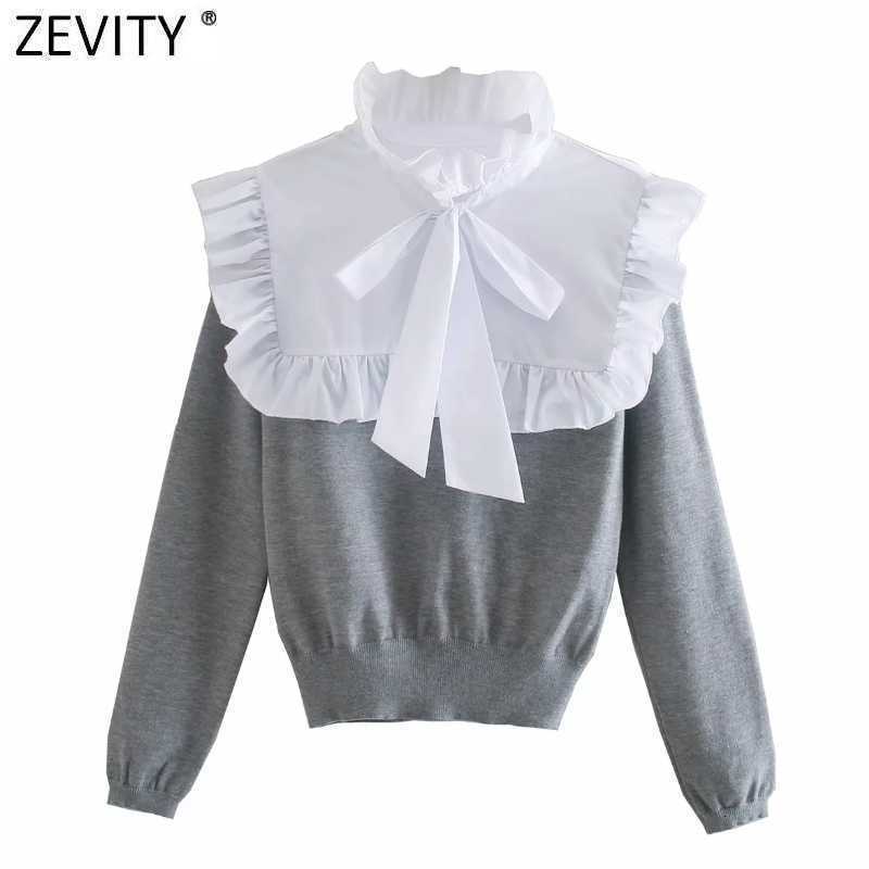 Zevity Women Sweet Agaric Lace White Poplin Patchwork Knitting Blouse Female Bow Tie Chic Femininas Shirt Ruffle Tops LS7319 210603
