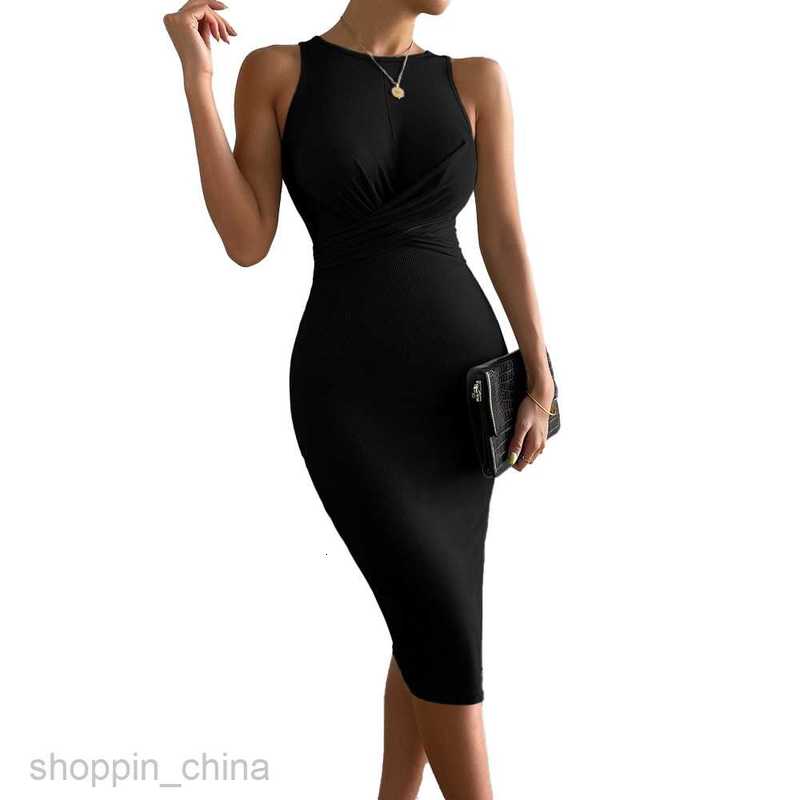 Basic Casual Women Dresses Spring/Summer New Round Neck Waist Split Wrap Hip Skirt Knitted Tank Top Dress for Women