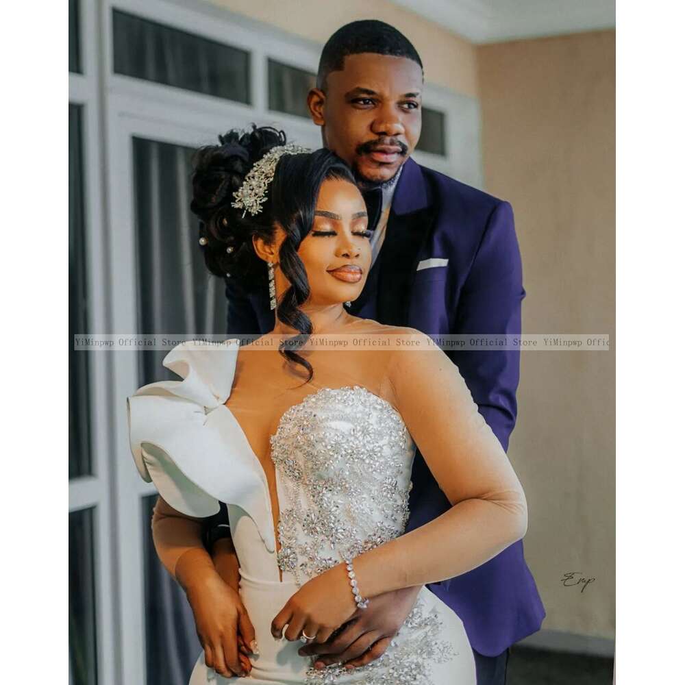 Nigeria Rhinestone Mermaid Dresses for Bride Sheer Neck Long Sleeve Side Split Ruffles Button Wedding Reception Gowns