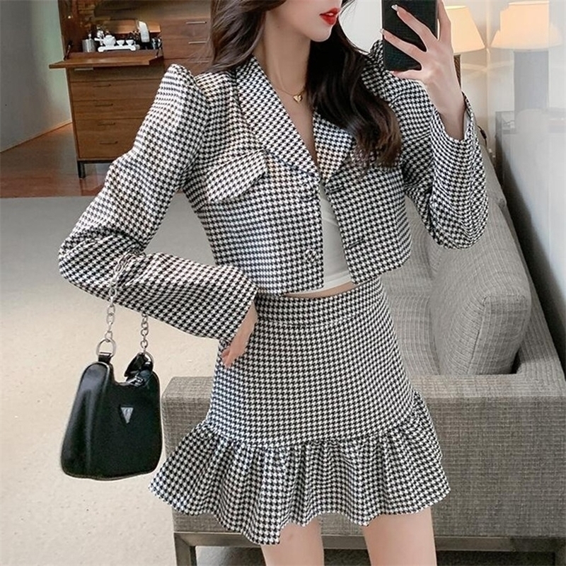 Two Piece Dress Vintage Houndstooth Womens Suit Blazer Crop Tops Mermaid High Waist Mini Skirt Set Women Short Jacket Coat Outfit 220906