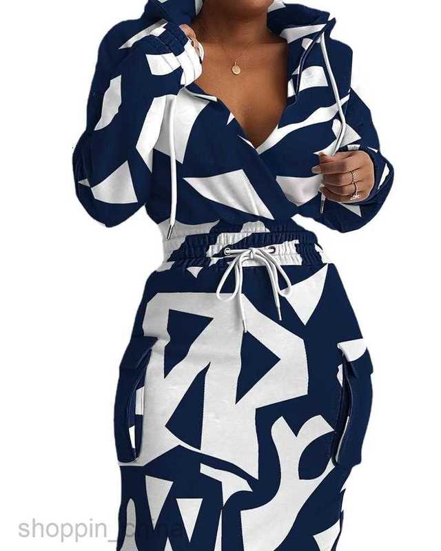 Basic Casual Women Dresses Autumn New Women's Hooded Print Drawstring Waist Tie V-neck Dress for Women