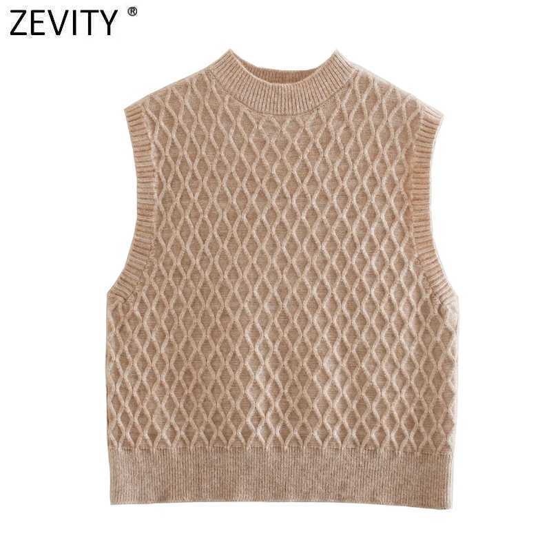 Zevity Women Honeycomb Stitched Vest Short Knitting Sweater Female Chic O Neck Sleeveless Solid Slim Pullovers Tops SW818 210603