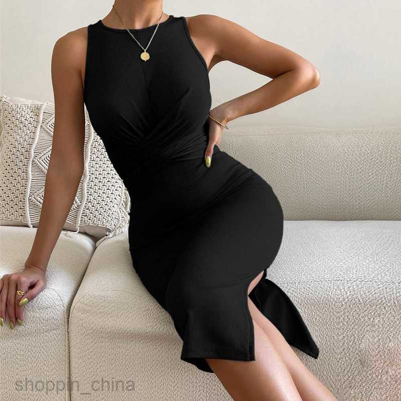 Basic Casual Women Dresses Spring/Summer New Round Neck Waist Split Wrap Hip Skirt Knitted Tank Top Dress for Women