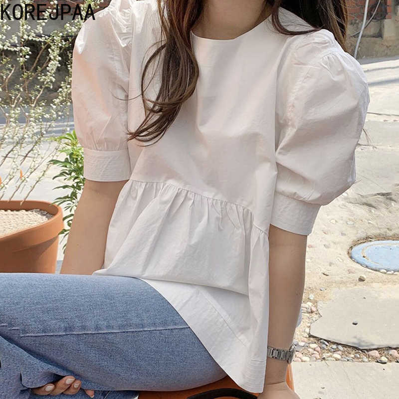 Korejpaa Women Shirt Summer Korean Chic Ladies Simple Round Neck Back Hollow Tie Wide Pine Hem Puff Sleeve Doll Blouses 210526