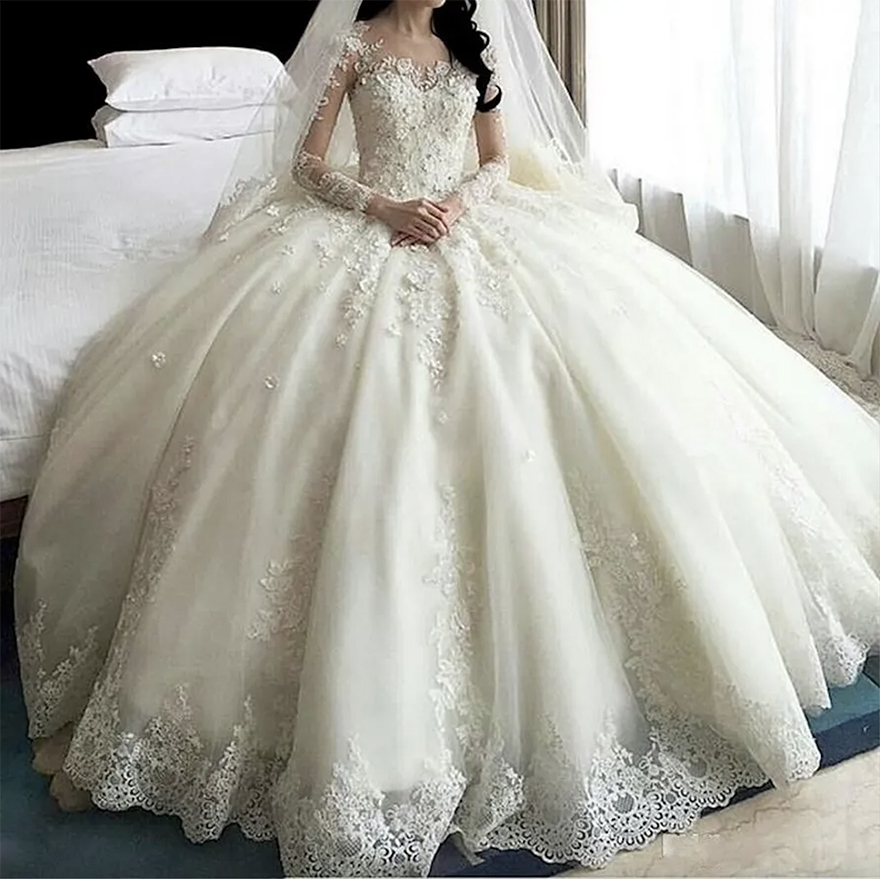 Vintage Ball Gown Arab Dubai Wedding Dress Appliques Lace Long Sheer Sleeve Plus Size Tulle Bridal Gowns vestidos de novia Free shipp