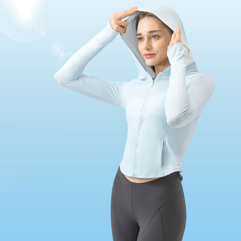 095- Cropped Sun Protection Clothing Mountaineering Hoodie UPF+50 Outdoor Sports Rash Guards Clothes Ice Silk Quick Drying Yoga Coat Women Jacket