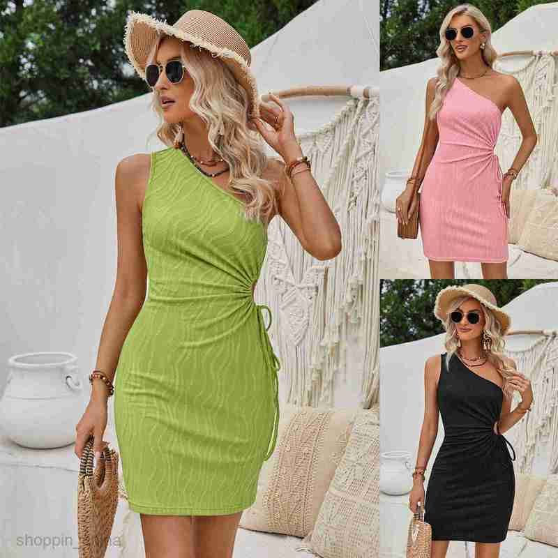 Basic Casual Women Dresses Summer Fashion Slant Neck Casual Women's Solid Color Waist Hollow Sleeveless Dress Short Skirt