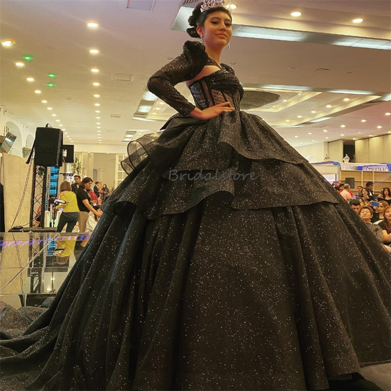 Sparkly Black Quinceanera Dresses Charro 2024 Princess Long Sleeve Sequin Pageant Dress Mexican Style Vestidos De 15 Anos xv Lujo Sixteen Birthday Par