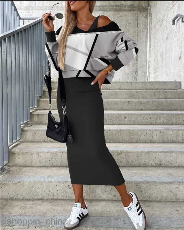 Two Piece Dress Sets Women's Autumn/Winter New Bat Sleeve Long Skirt Wrapped Hip Fashion Two Piece Set for Women