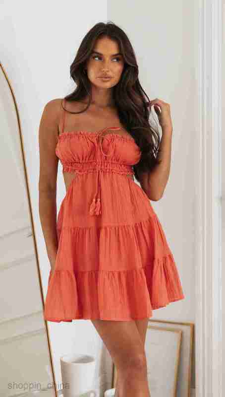 Basic Casual Women Dresses Summer New Women's sexy camisole dress hollowed out lace up and backless large hem dress