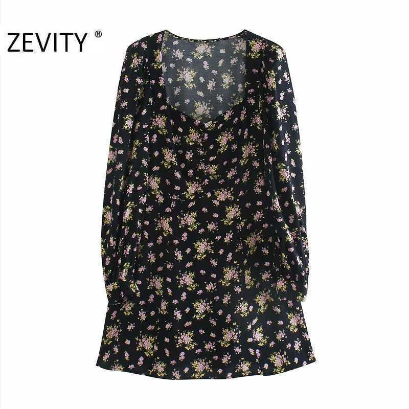 ZEVITY Women Vintage Pleats Square Collar Floral Print Side Zipper dress Ladies Puff Sleeve Business Vestido Chic Dresses DS4519 210603