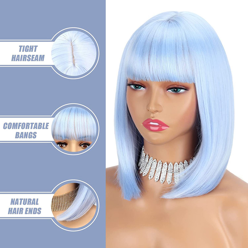 Synthetic Mechanism Bob Wig 12inch Silky Straight Chemical Fiber Wigs Black Pink Blue Color Straight Bang