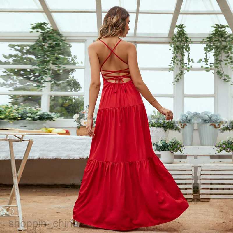 Basic Casual Women Dresses Women's New Large Swing Waist Banquet Dress Open Back Sling Style Dress