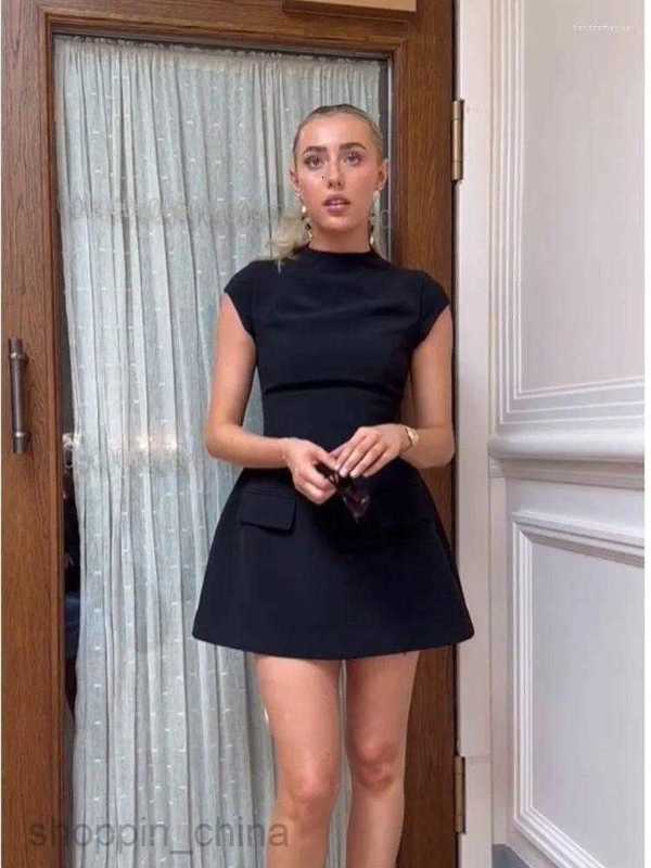 Casual Dresses Women Elegant Slim Solid Pockets Mini Dress Fashion O-neck Short Sleeve A-line Office Lady Chic Commuting Robes