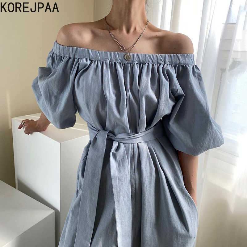 Korejpaa Women Jumpsuits Summer Korean Chic Temperament One-Word Collar Leaky Shoulders Folds Lace-Up Wide-Leg Jumpsuit 210526