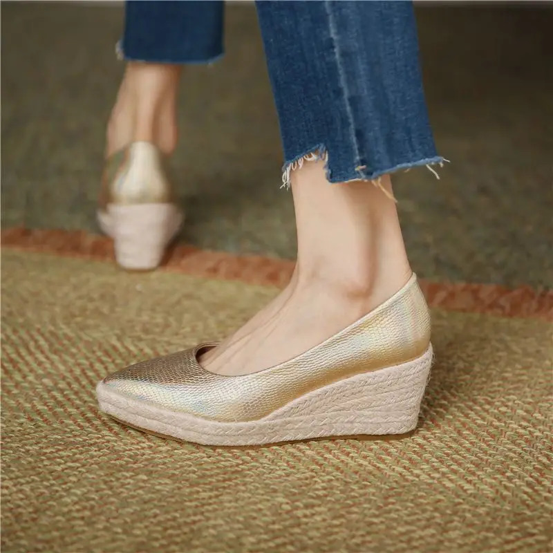 FHANCHU Autumn Leather Shoes Womens Platform Pump Straw Wedge High Heels Slippery Shallow Angled Toe Gold 35-40 Dropper 240612