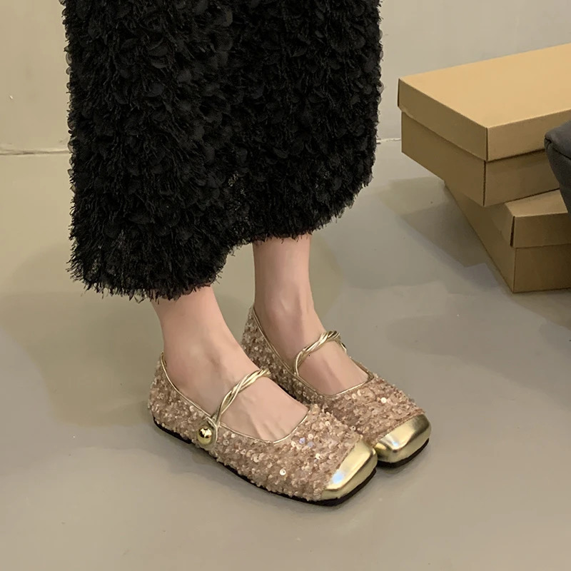 Sequin silver light mouth single shoe for womens Korean casual fashion womens soft flat Mary simple shoe slider 240614
