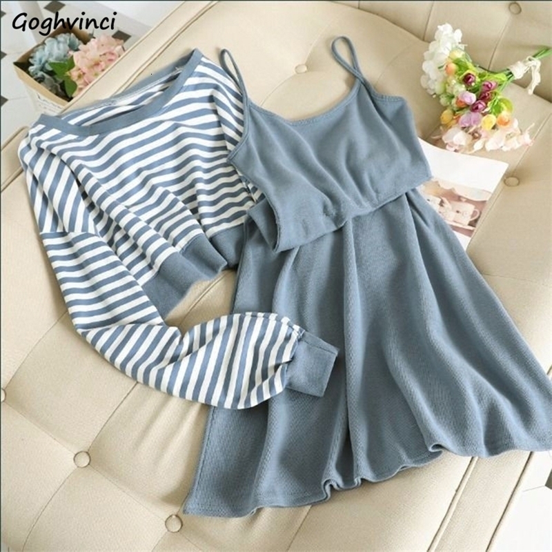 Two Piece Dress Women Sets Oneck Sweatshirt Pullover Striped Tank Dress Korean Style Trendy Casual Simple Street Wear High Quality Soft 220906