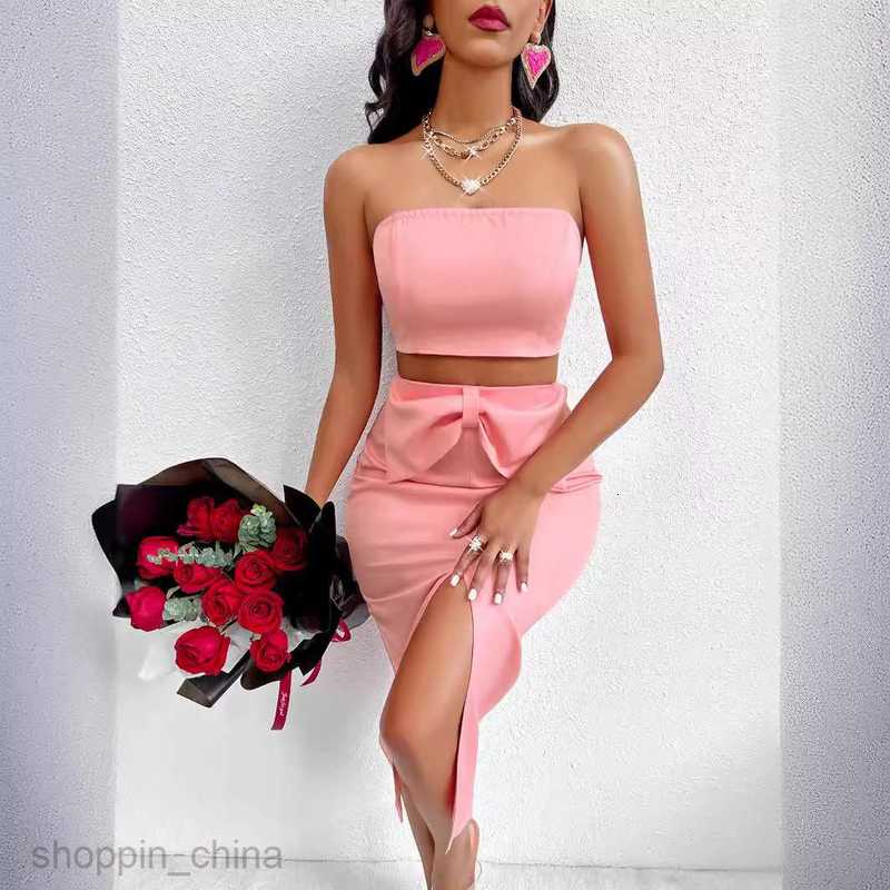 Two Piece Dress Sets New women's summer strapless casual top bow skirt set