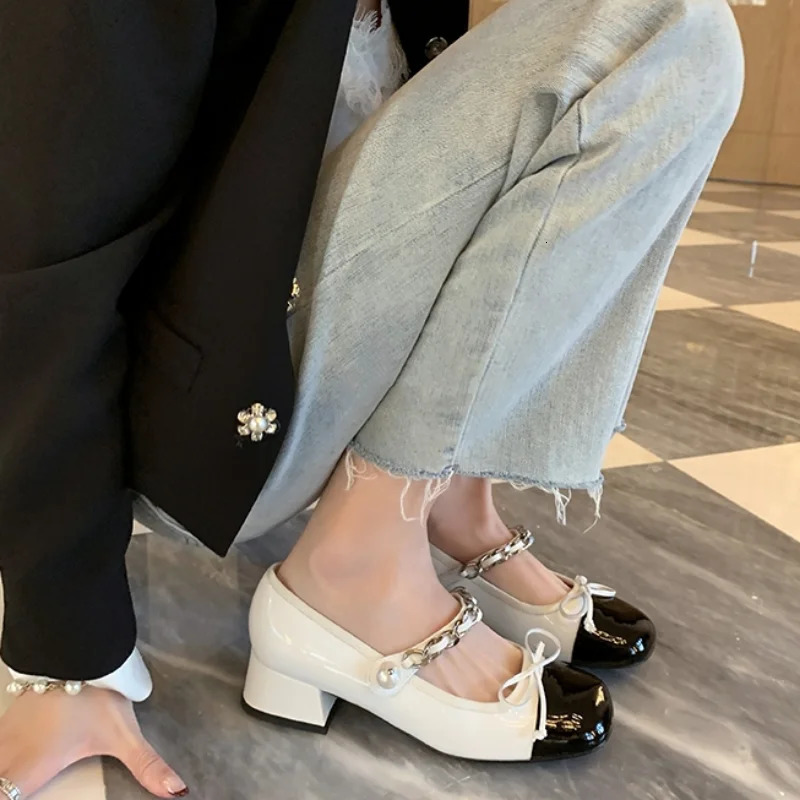 Womens Shoes Mary Jane Womens High Heel Retro Dress Pump Womens Chain Pearl Bow Square High Heel Shoes Womens Shoes 240614