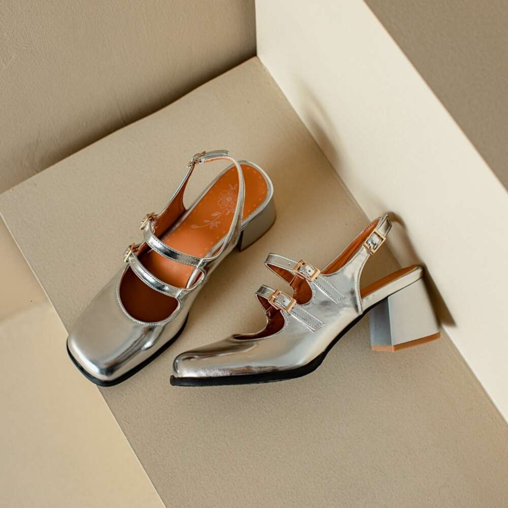 Plus Size 44 45 46 Black Sier Chunky High Heels Mary Jane Shoes Women Square Toe Double Buckle Pumps Slingback Ladies Sandals