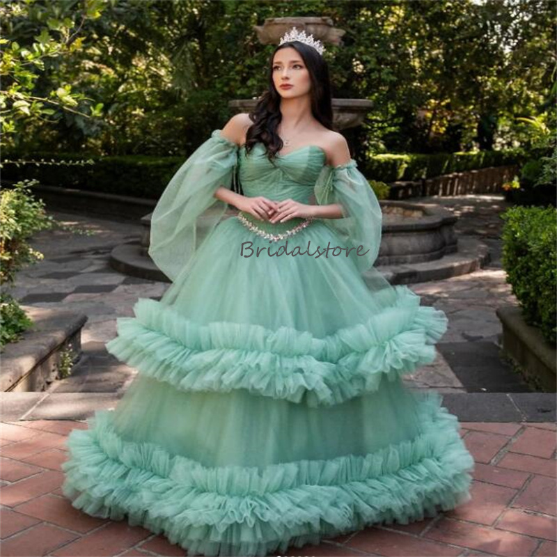Fariytale Green Quinceanera Dresses 2024 Off Shoulders A Line Beaded Ruffles Prom Dress Fifteen Birthday Dress Floor Length Tulle Vestio De Xv15 Anos 