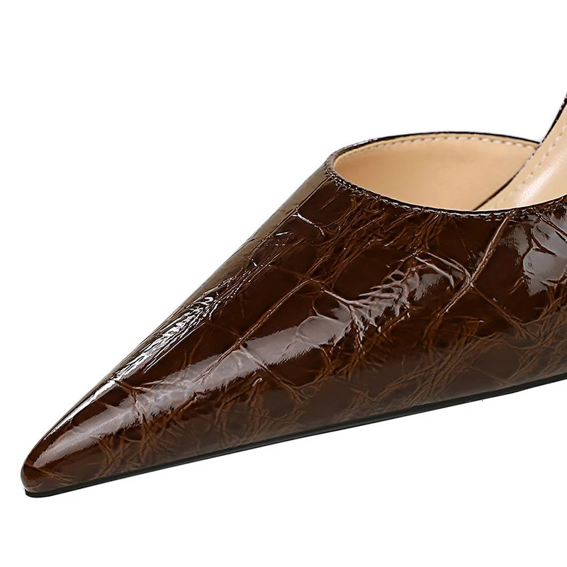 Western style party womens shoes 8cm thin high heels light dot upper hollow snake shaped retro womens elegant pump brown 240612