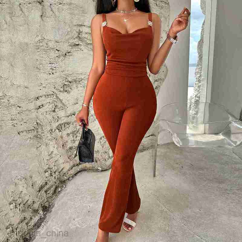 Women's Tracksuits women's summer casual sexy style solid color suspender metal jumpsuit Sets