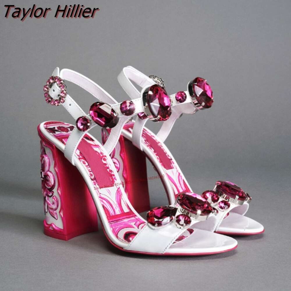 heels sandals Summer New designer shoes Bohemia Rhinestone Thick Heel Sandals Fashion Open Toe Print Gemstone Buckle Strap Dress High Heels Ladies 6Cm