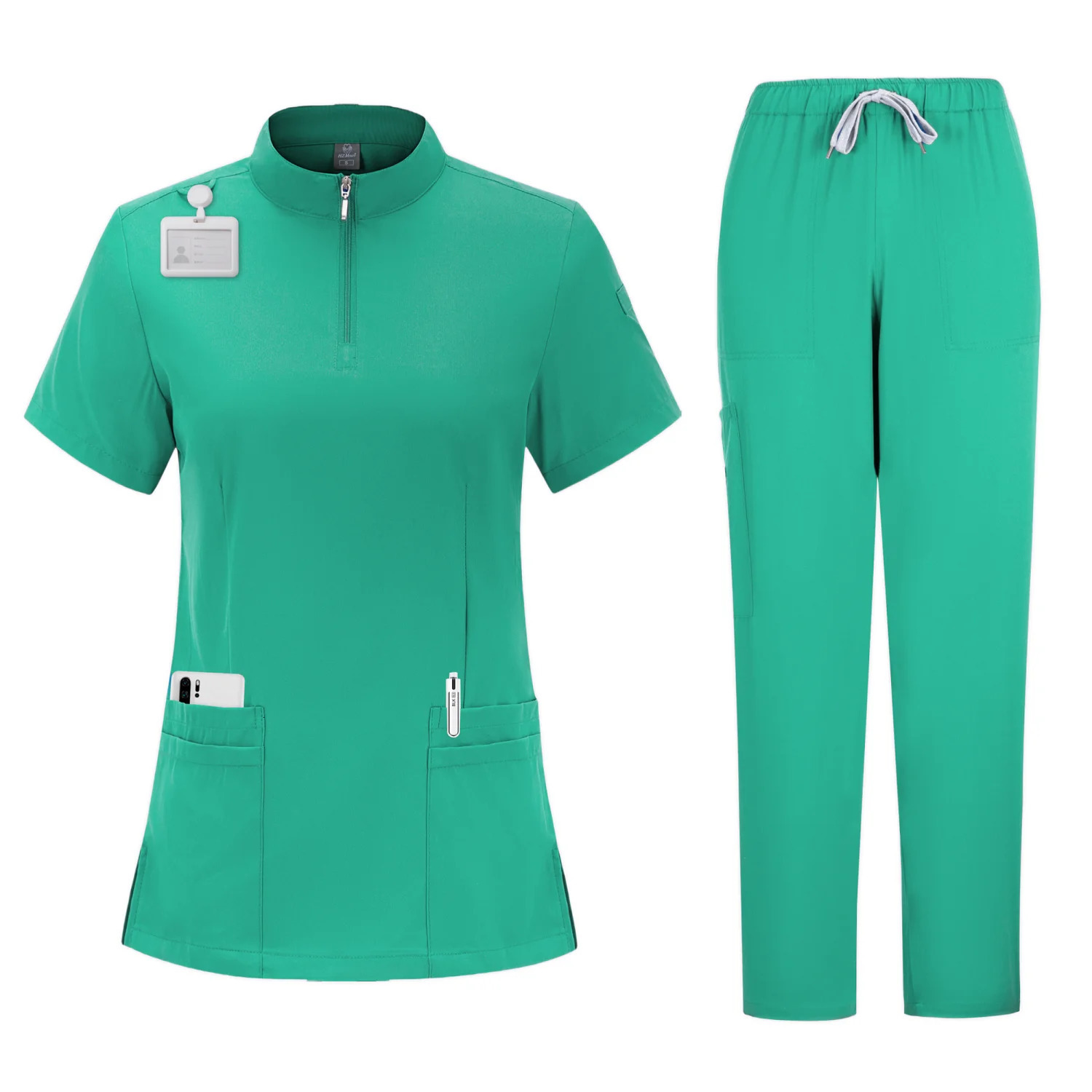 Womens 4-Pocket Zip-Neck Short Sleeve Scrub Top Nurse Uniforms Women Nurses Accessories for Hospital Doctor Uniform 240604