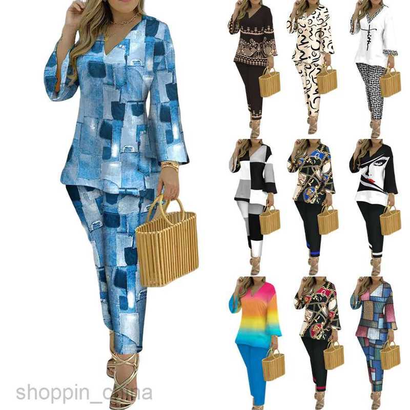 Women's Tracksuits Autumn New Women's two-piece V-neck long sleeved printed set Sets