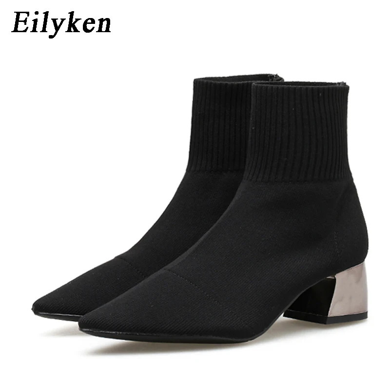Eilyken Fashion Knitted Elastic Fabric Sewn Womens Ankle Boots Square Heels Winter Corner Toes Womens Socks Boots 240612