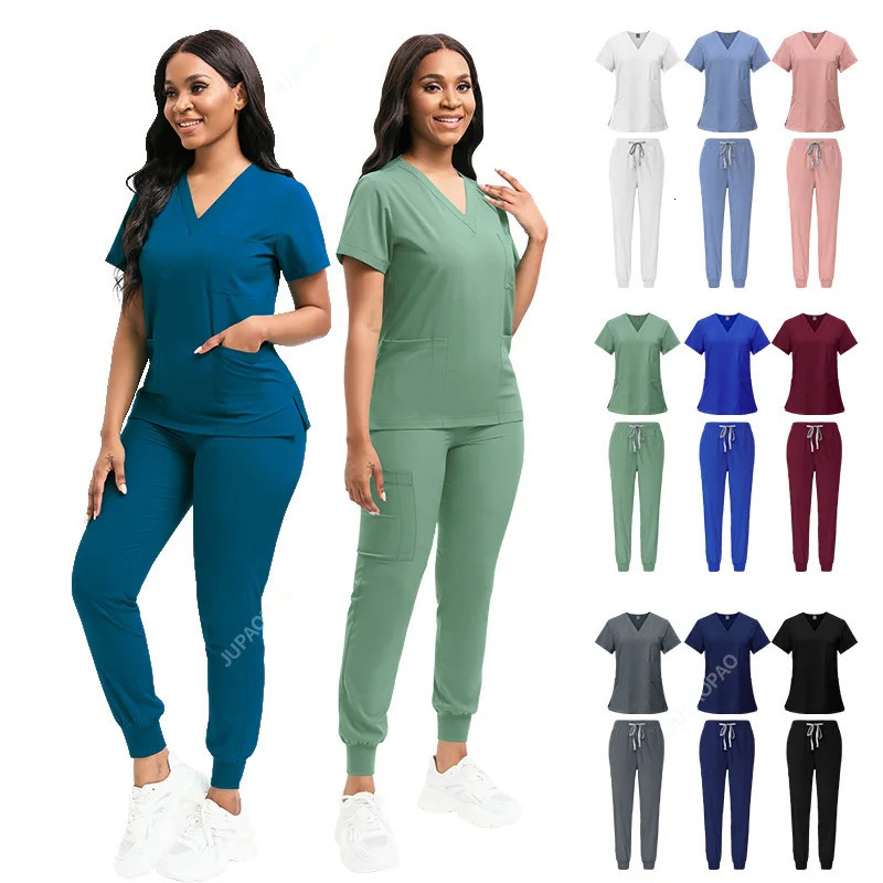 Scrubs Set Uniforms Stretch Scrub Tops With Pocket Pants Nurse Uniform Doctor Surgery Overalls Beauty Salon Workwear 240604