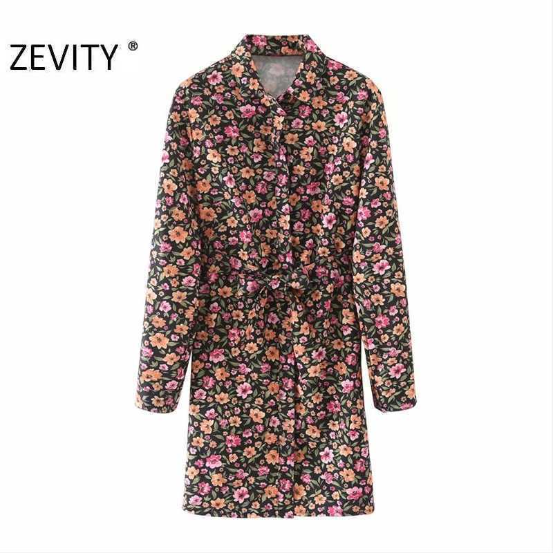 Zevity Autumn Women Fashion Turn Down Collar Flower Print Shirt Dress Office Ladies Chic Bow Tied Sashes Casual Vestido DS4574 210603