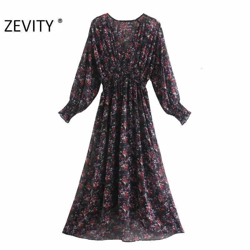Zevity Women Elegant V Neck Flower Print Elastic Waist Chiffon Dress Chic Female Long Sleeve Casual Slim A Line Vestido DS4616 210603
