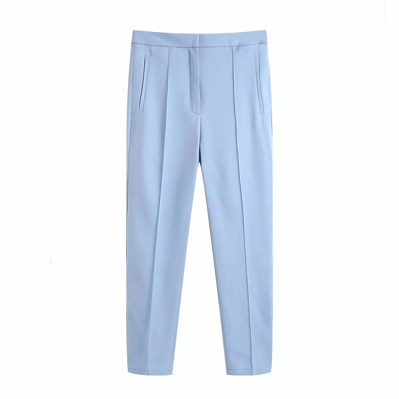BBWM Women Fashion Office Wear Side Pockets Straight Blue Pants Vintage High Waist Zipper Fly Female Trousers Mujer 210520