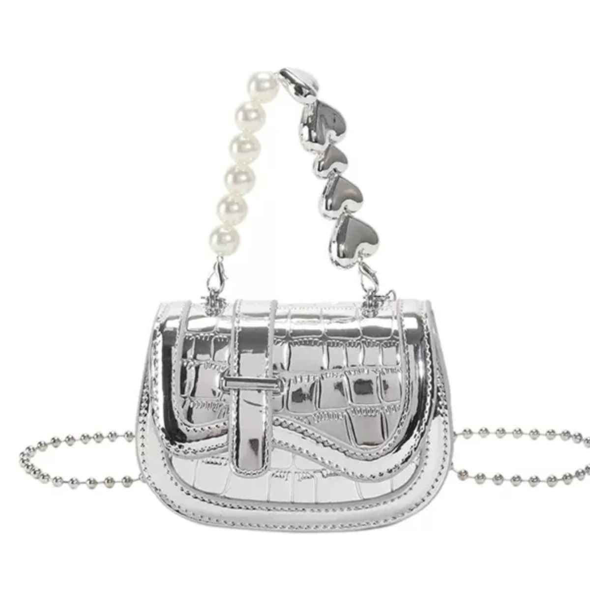 High end niche design pearl chain small bag women's new trend trendy mini bag silver high-end texture mobile phone bag crossbody bag designer bag