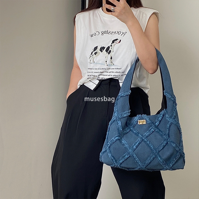 High end hot selling new retro commuting bag with a sense of luxury niche fashion versatile trend Korean style denim canvas bag women's shoulder 