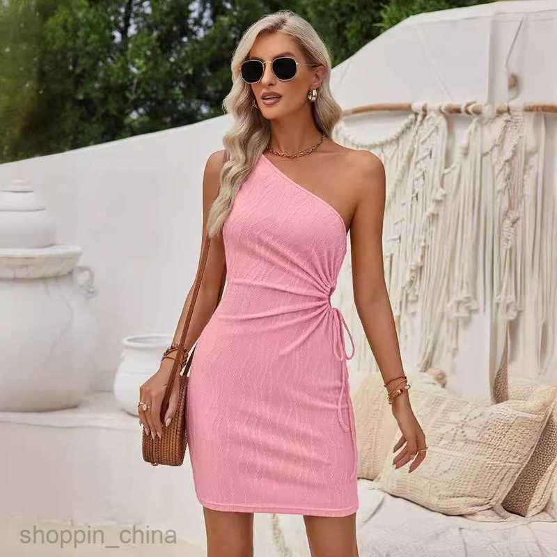 Basic Casual Women Dresses Summer Fashion Slant Neck Casual Women's Solid Color Waist Hollow Sleeveless Dress Short Skirt
