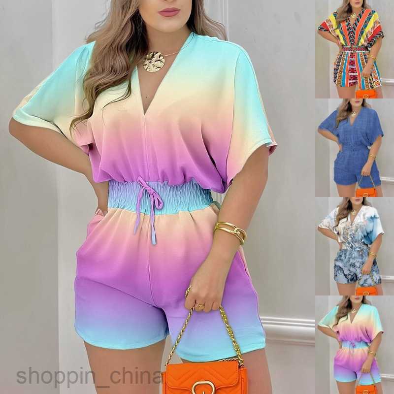 Women's Tracksuits Summer New Women's Short Sleeve V-Neck Lace Up jumpsuit Sets