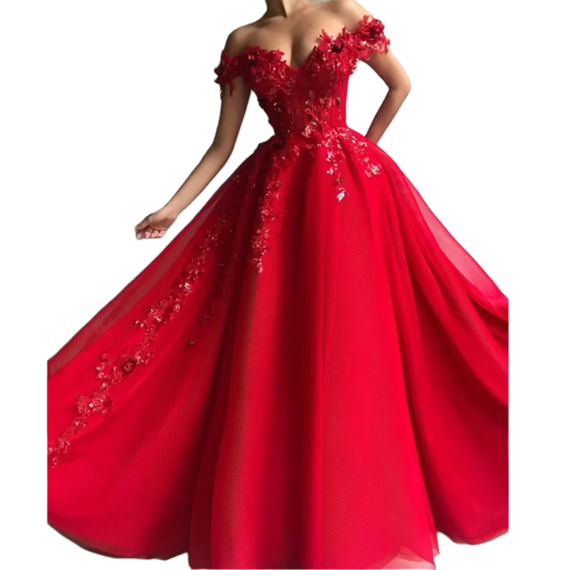 Arabic Shiny Red Evening Dresses Off The Shoulder A-Line Long Tulle Prom Gowns Sequins Lace Appliques Formal Party Second Reception Birthday Dress