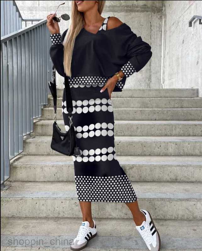 Two Piece Dress Sets Women's Autumn/Winter New Bat Sleeve Long Skirt Wrapped Hip Fashion Two Piece Set for Women