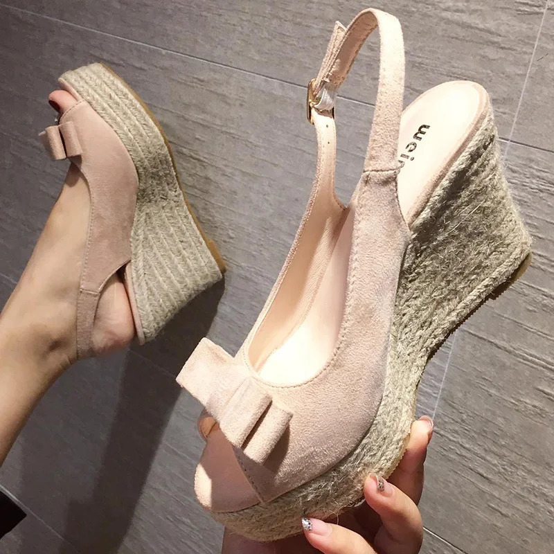 Women/Girls Peep Toe Bow Platform Sandals Stripe Pattern Summer Songcake Shoes Woven High Heels Gladiator Sandals 240612