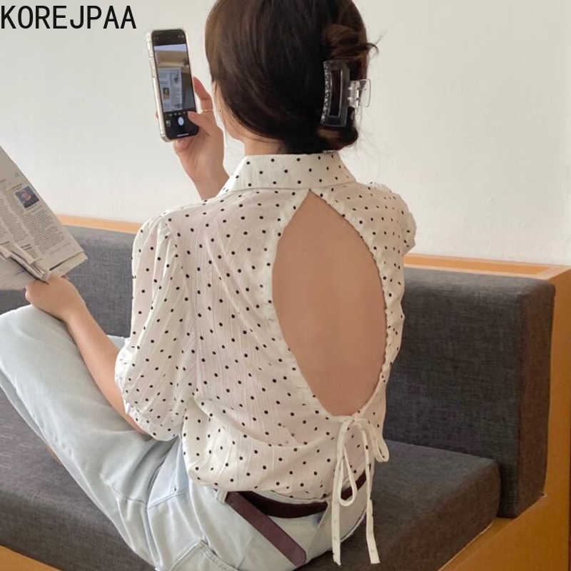 Korejpaa Women Shirt Summer Korean Retro Lapel Single-Breasted Back Hollow Lace-Up Adjustment Polka Dot Puff Sleeve Blouses 210526